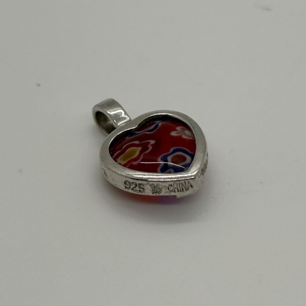 Sterling Silver Heart Pendant With Millefiori Glass Design Red Multicolor 925 - Picture 3 of 11